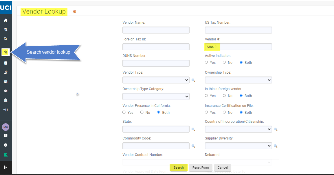 Vendor Lookup Screen with vendor # field highlighted